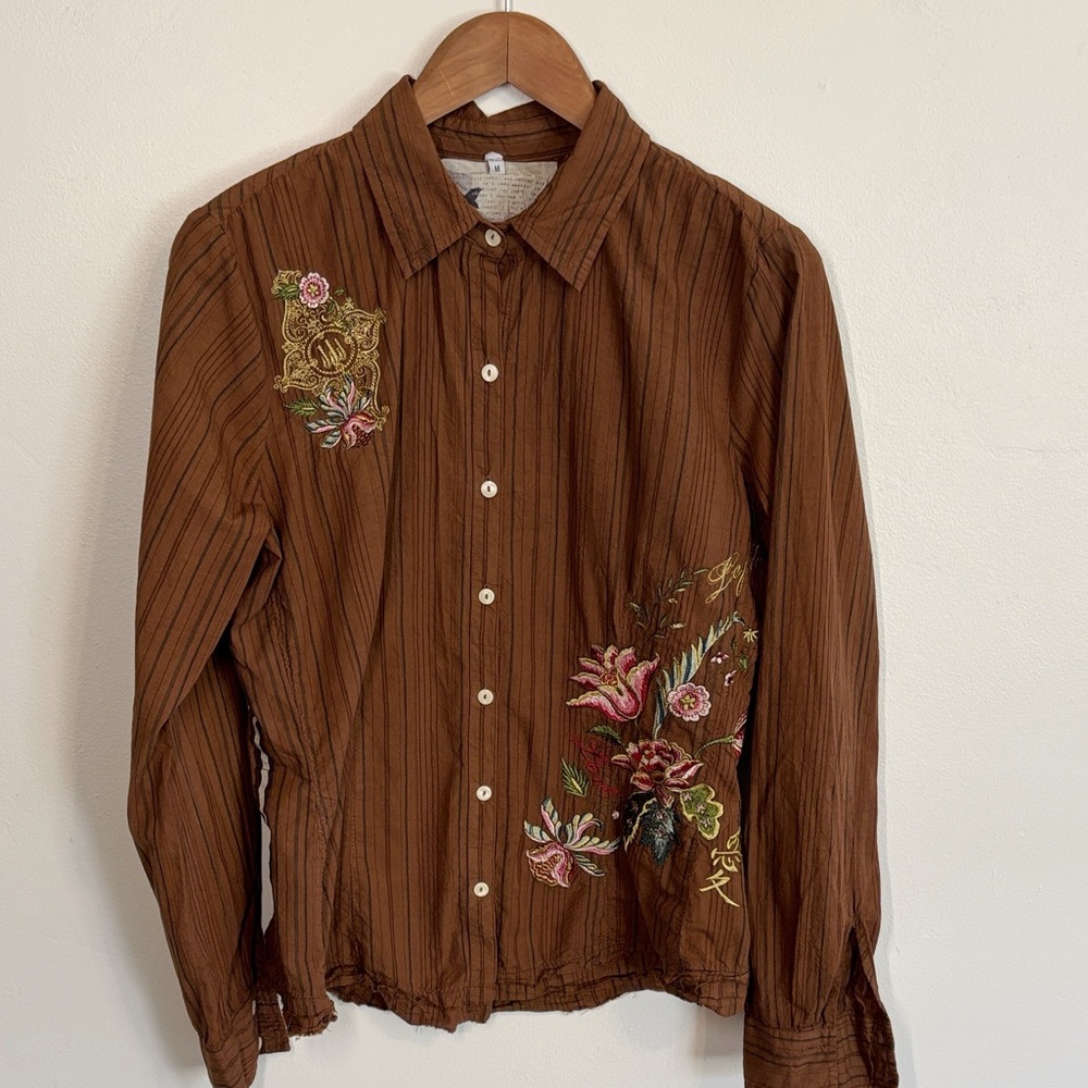 Johnny Was 3J Workshop Embroidered Striped Button Down Shirt